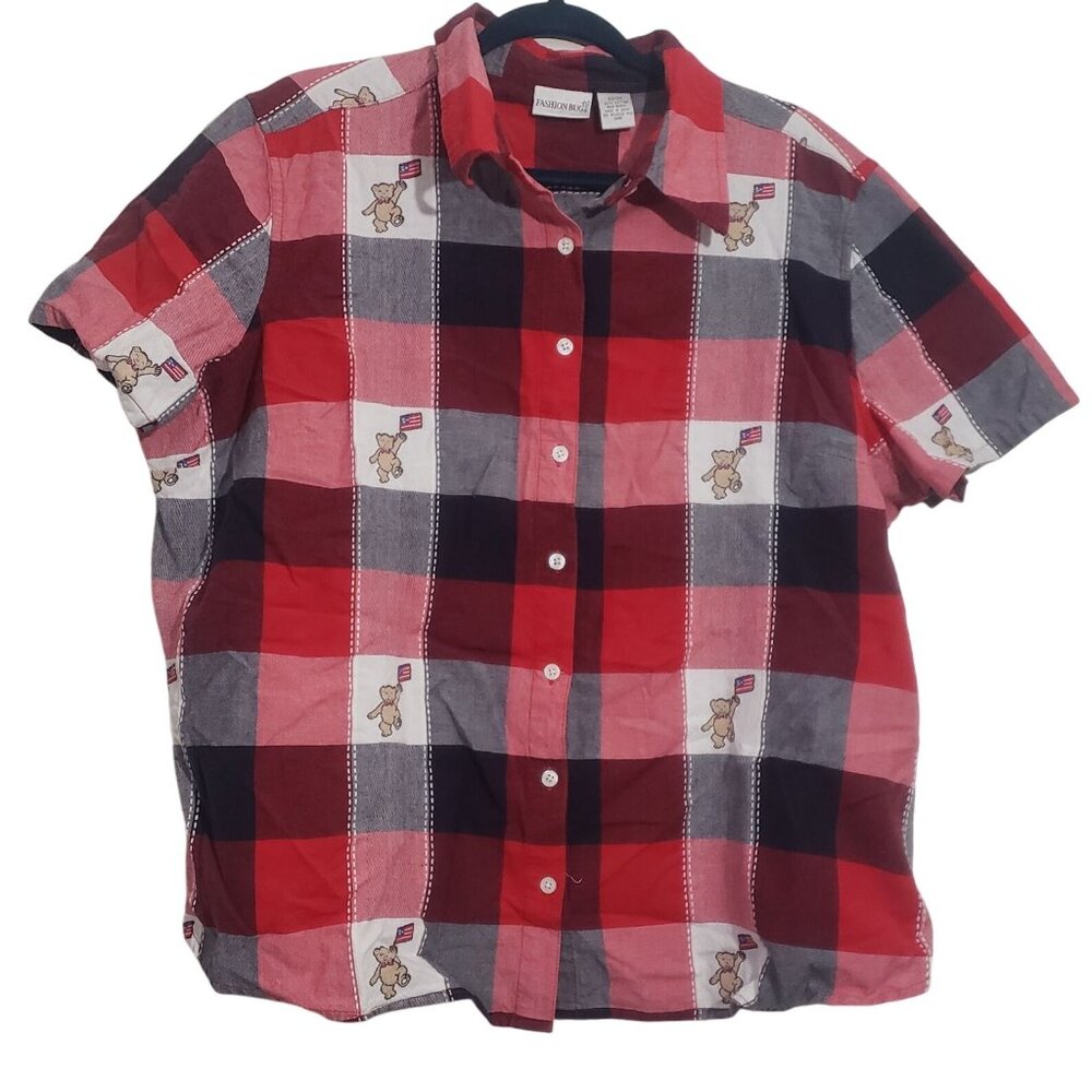 Vintage Fashion Bug Womens Plaid Button Up Shirt Size 22/24 Teddy Bear‎ America